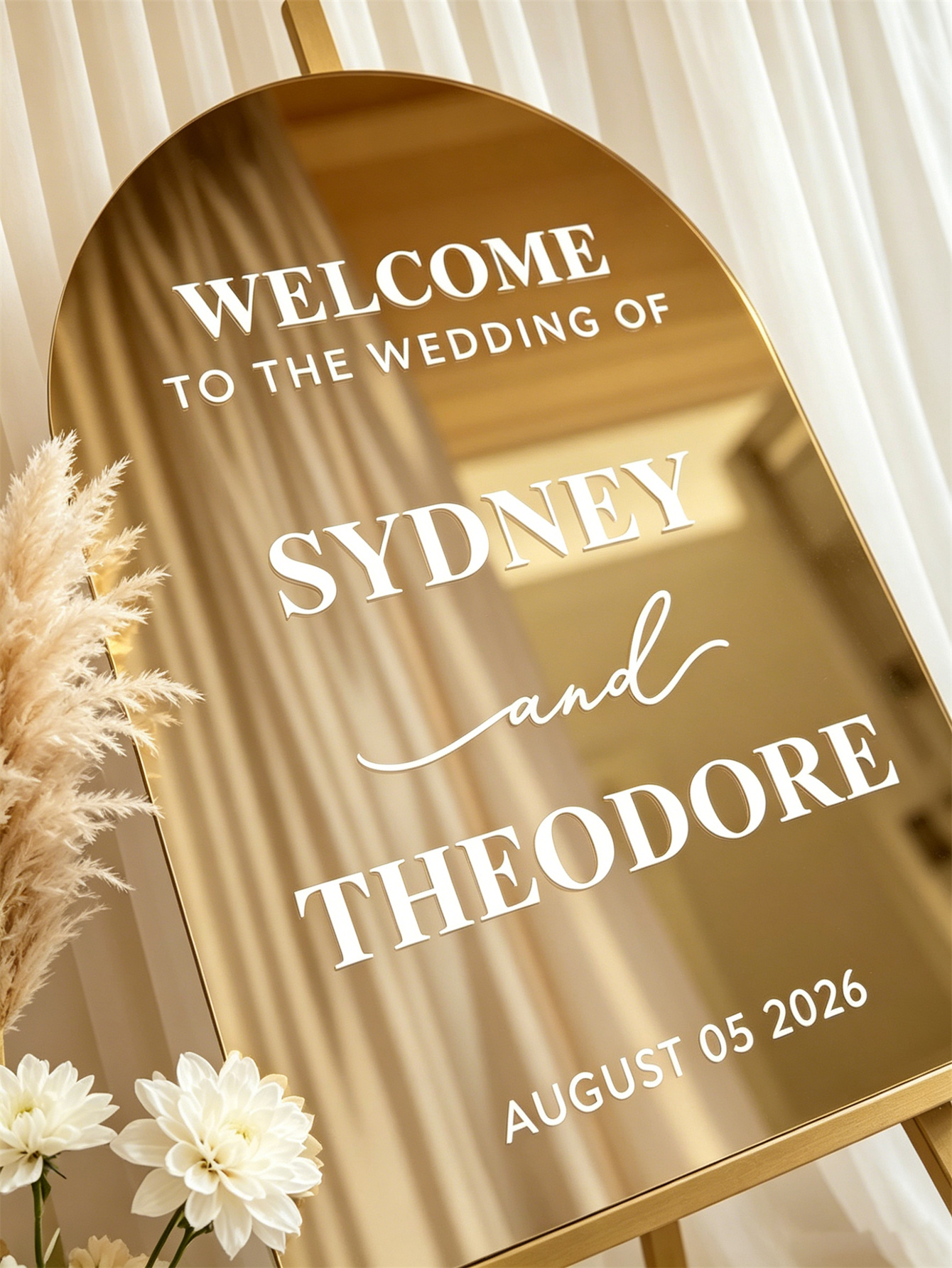 Mirror acrylic welcome signs, golden mirror wedding direction signs, custom wedding direction signs, ceremony welcome signs